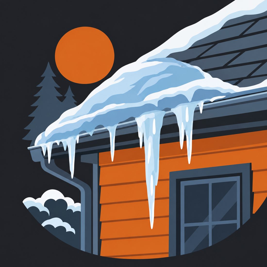 Illustration of an ice dam on a roof edge with icicles for a Little Falls, MN home