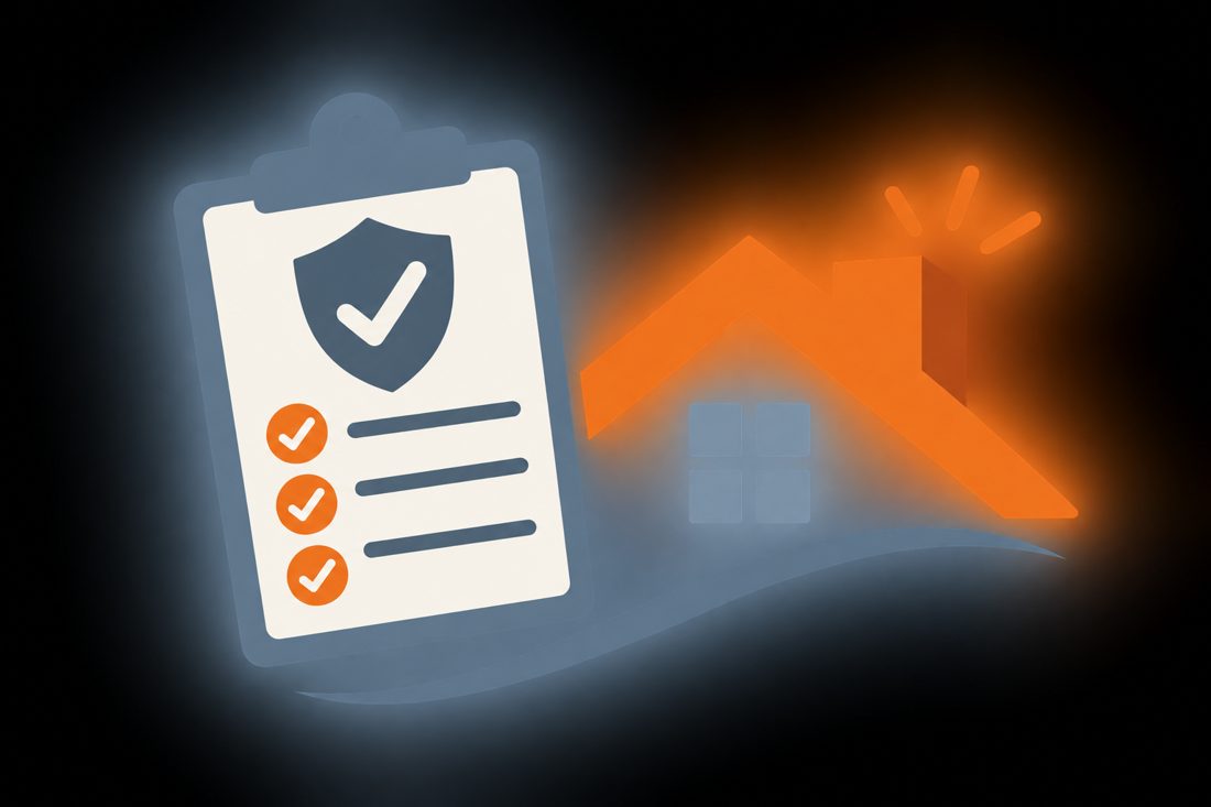 Illustration of an insurance clipboard next to a roof icon for a Little Falls, MN home
