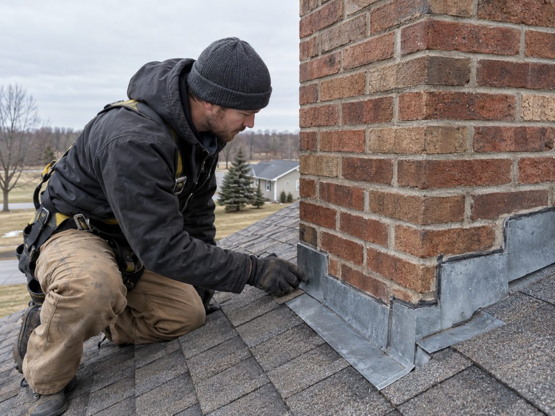 Close view of a contractor examining flashing beside a chimney on a pitched asphalt-shingle roof in Royalton, MN
