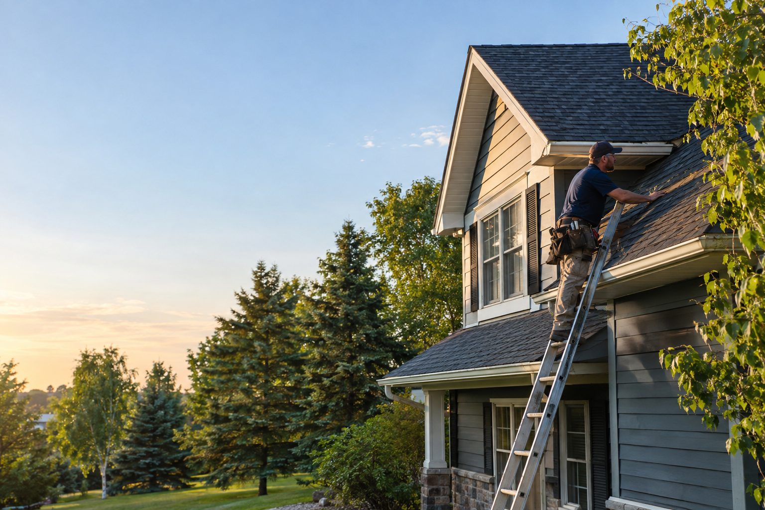A roofing contractor inspects shingles from a ladder beside a two-story Sartell home, with mature trees and a clear summer sky in Sartell, MN